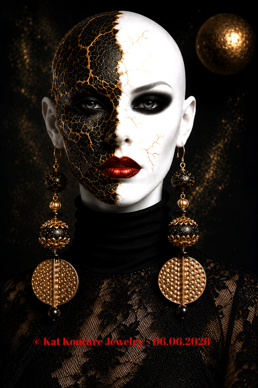 Rough Black Lava & Hammered Brass Metal Dangle Pierced Earrings - Exotic