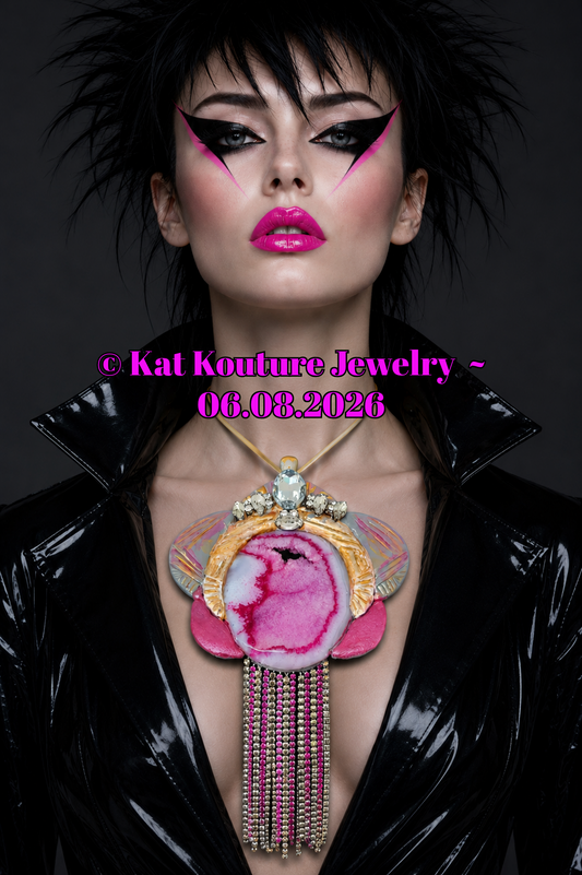 Hot Pink Agate Bling Art Deco Torc Pendant - Rhinestone Fringe