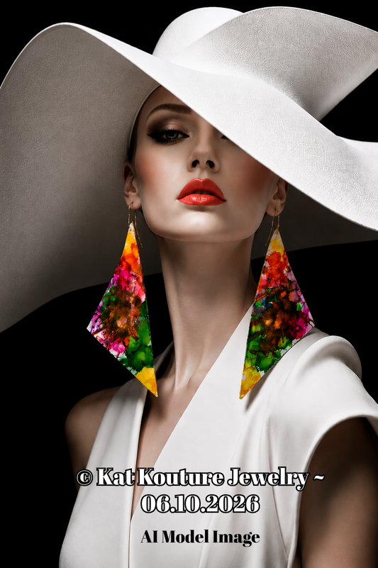 Multi Color Alcohol Ink Oversized Triangular Wing Shoulder Duster Earrings