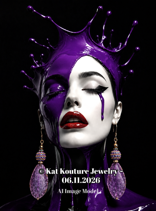 Purple Agate & Crystal Dangle Pierced Statement Earrings - Heavy