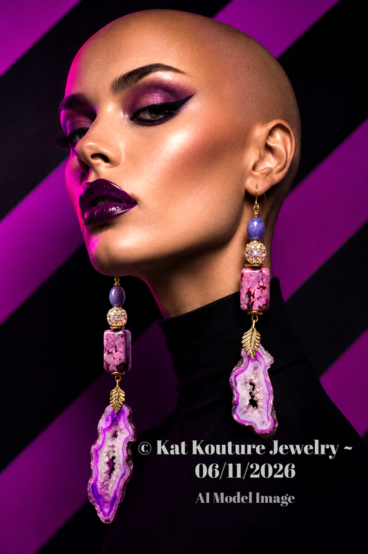 Purple Druzy Agate & Rhinestone Luxury Shoulder Duster Earrings