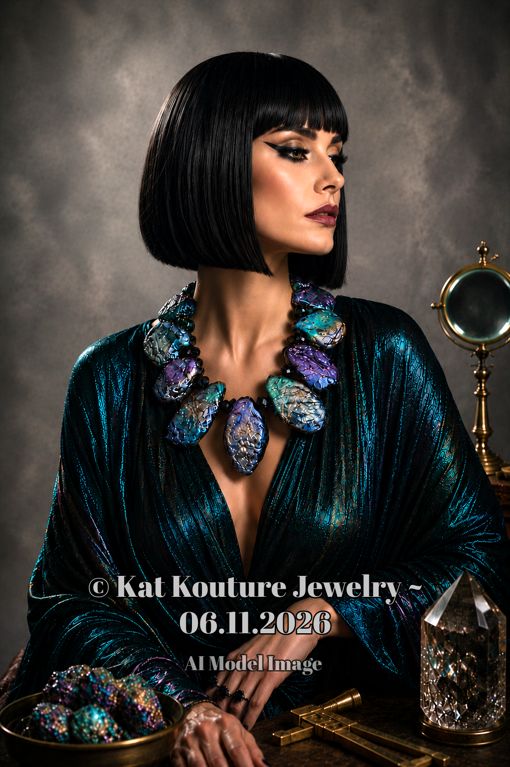 Jewel Tone Oversized Beaded Sculpted Statement Bib - Haute Couture