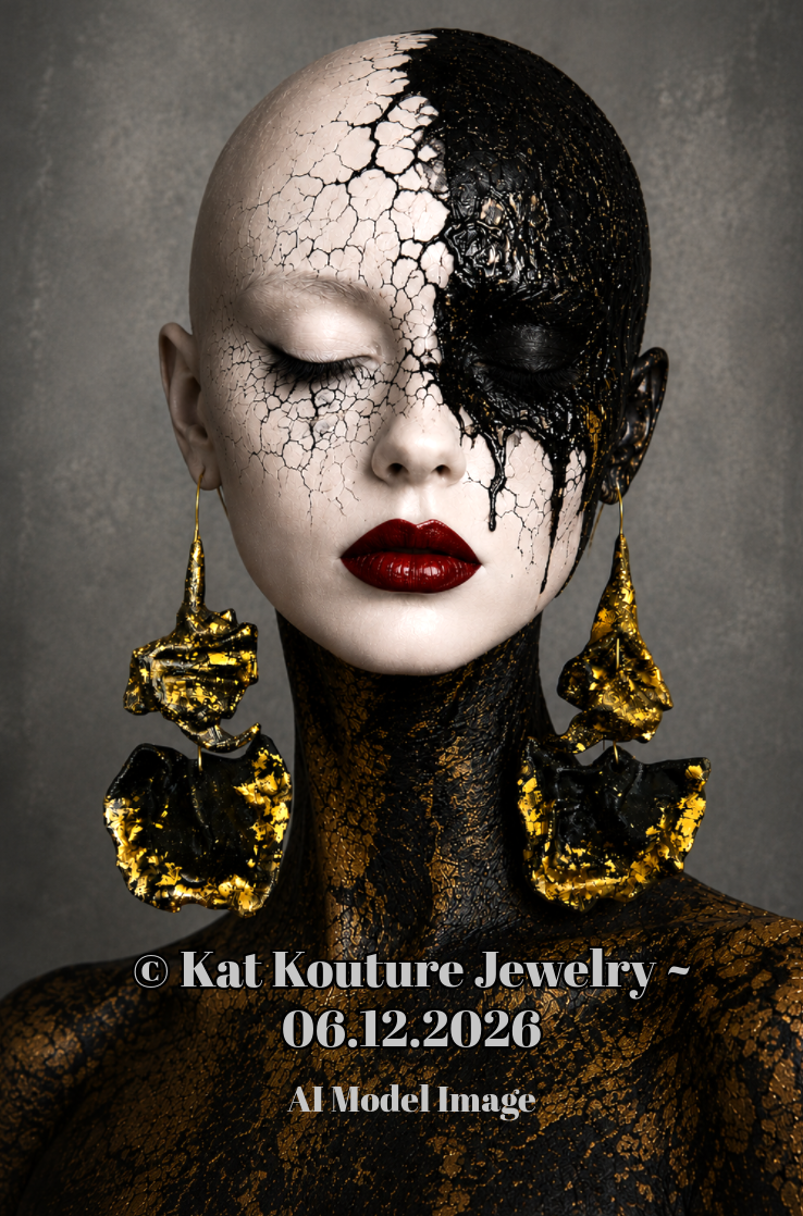 Dramatic Black Sculpted Pierced Earrings with Gold Leaf - OOAK Couture