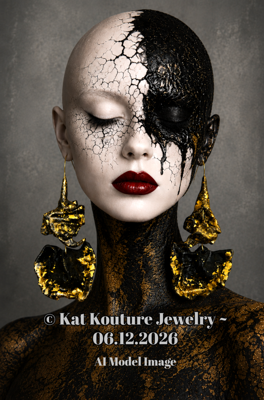 Dramatic Black Sculpted Pierced Earrings with Gold Leaf - OOAK Couture