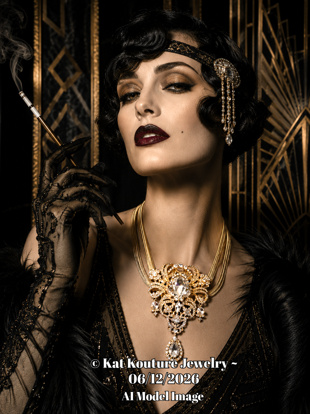 Art Deco Statement Necklace – Double Omega with Crystal Drop