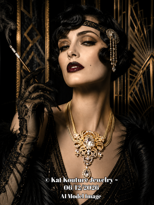 Art Deco Statement Necklace – Double Omega with Crystal Drop