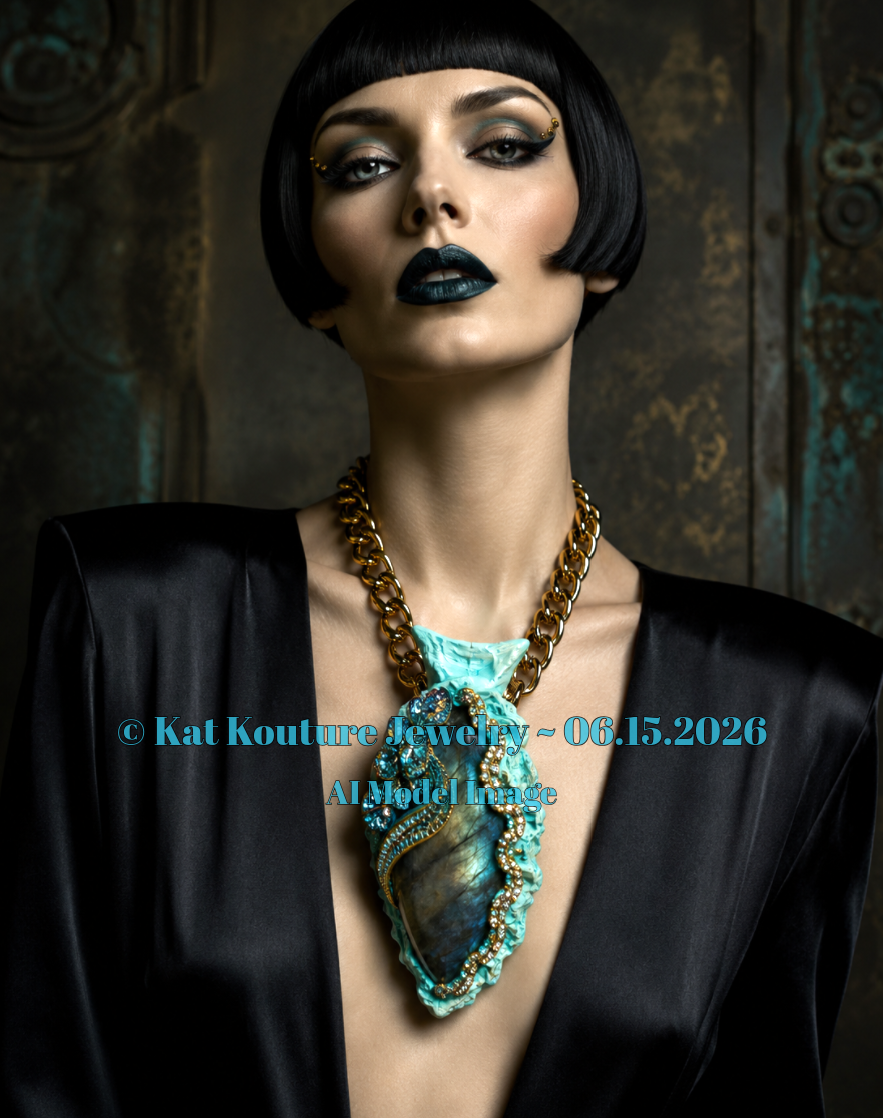 Sculpted Labradorite Pendant with Ornate Rhinestone Jewel - Bold Chain