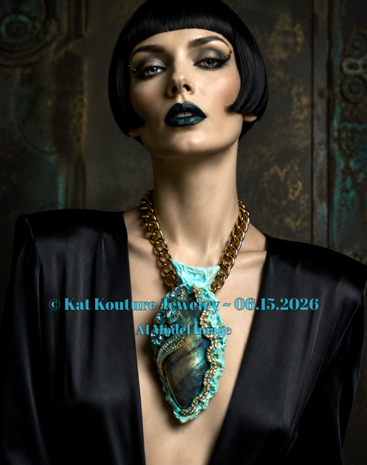 Sculpted Labradorite Pendant with Ornate Rhinestone Jewel - Bold Chain
