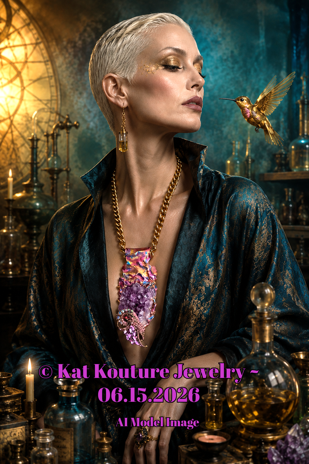 Sculpted Rough Amethyst Statement Pendant With Bold Gold Tone Chain