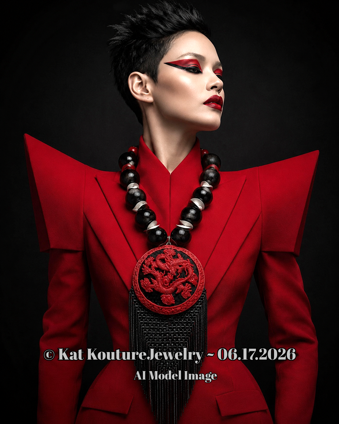 Red and Black Chinese Cinnabar Lacquer Dragon & Chain Mail Necklace