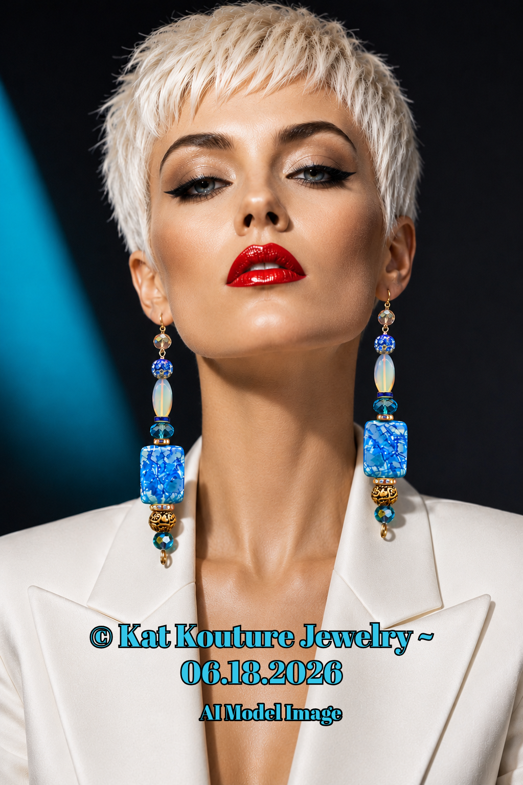 Fancy Blue White & Silver Long Dangle Pierced Statement Earrings
