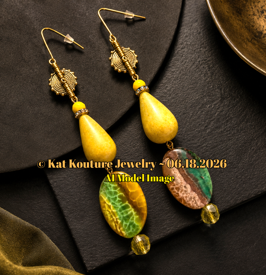 Exotic Green Yellow & Gold Shoulder Duster Statement Earrings