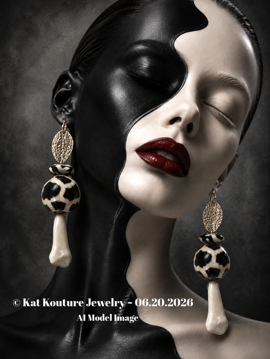 Buffalo Incisor Teeth & Batik Bone Shoulder Dusters - African Tribal XL Pierced Earrings