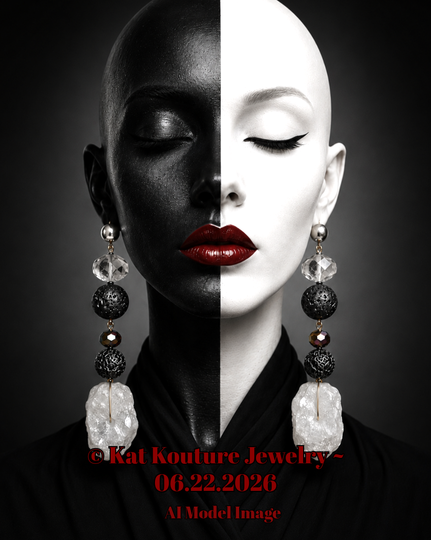 Dramatic Black & White Gemstone Dangle Pierced Statement Earrings