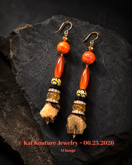 Mixed Media Dangle Pierced Statement Earrings - Orange Brown