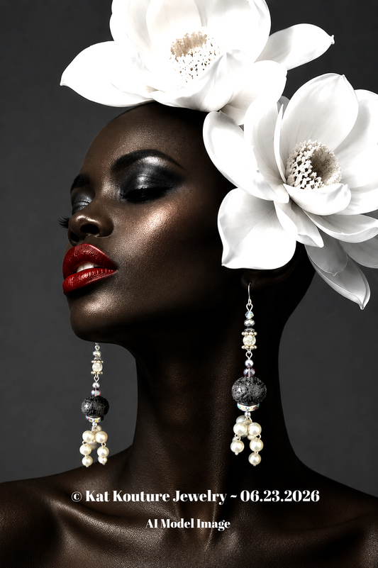 Black Lava Rhinestone & Faux Pearl Drop Pierced Shoulder Dusters - OOAK