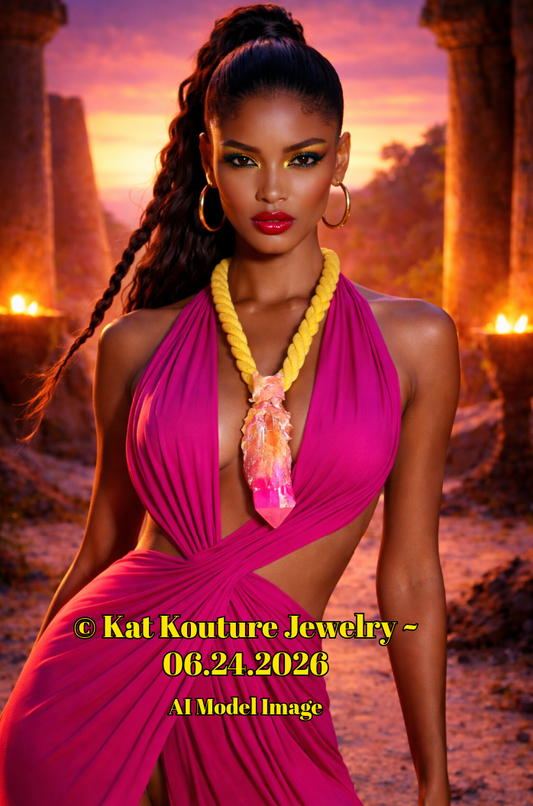 Raw Sculpted Fuchsia Quartz Crystal With Yellow Rope -  Sexy Jewelry