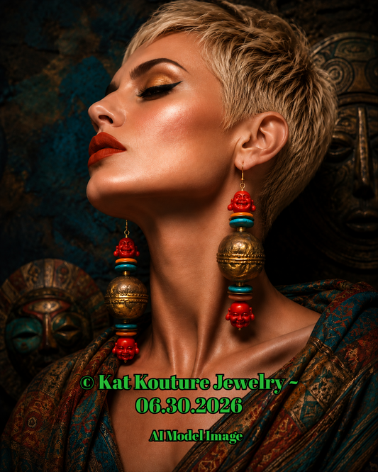 Buddha & Ethiopian Copper Beaded Dangle Tribal Statement Earrings