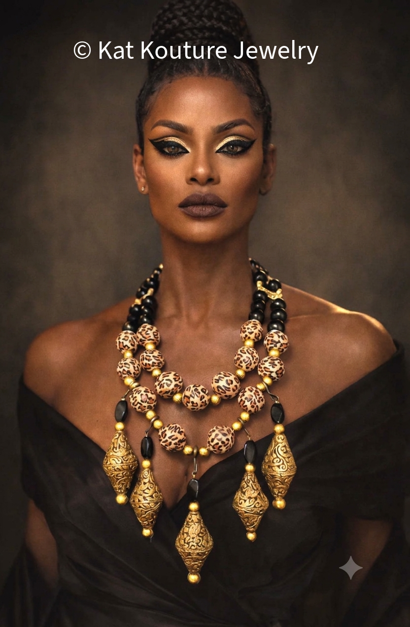 Onyx Leopard & Tibetan Brass Repousse Beaded Dangle Chest Piece - Luxe