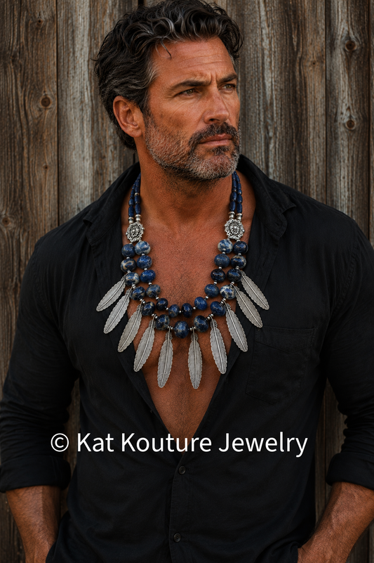 Sodalite Rondelle Bead & Silver Tone Metal Feather Unisex Chest Piece