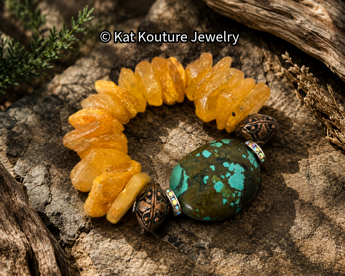 Mexican Amber, Copper Filigree & Hubei Turquoise Luxury Stretch Bracelet