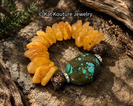 Mexican Amber, Copper Filigree & Hubei Turquoise Luxury Stretch Bracelet