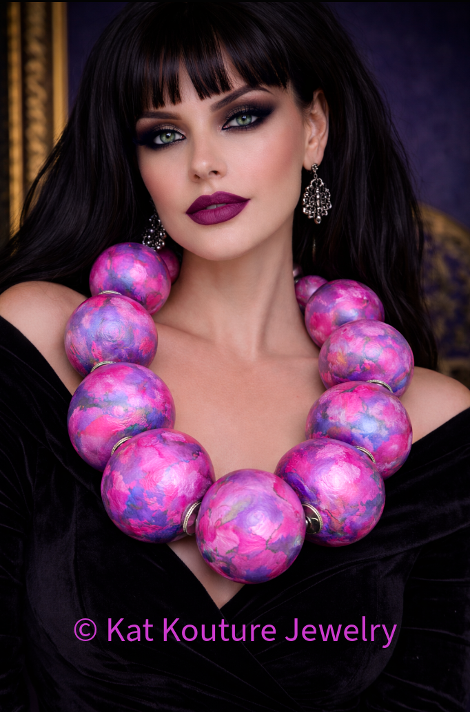 Enormous Hand Sculpted Pink & Purple Beaded Statement Necklace - OOAK