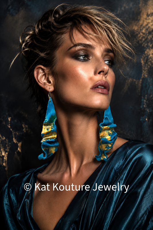Teal & Gold Freeform Sculpted Ear Candy - OOAK Wearable Art Jewelry