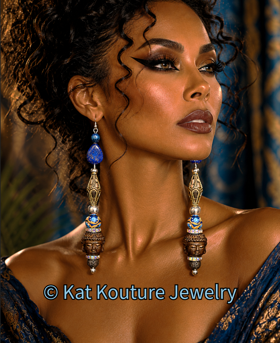 Lapis Lazuli & Agarwood Budda Tribal Shoulder Duster Pierced Earrings
