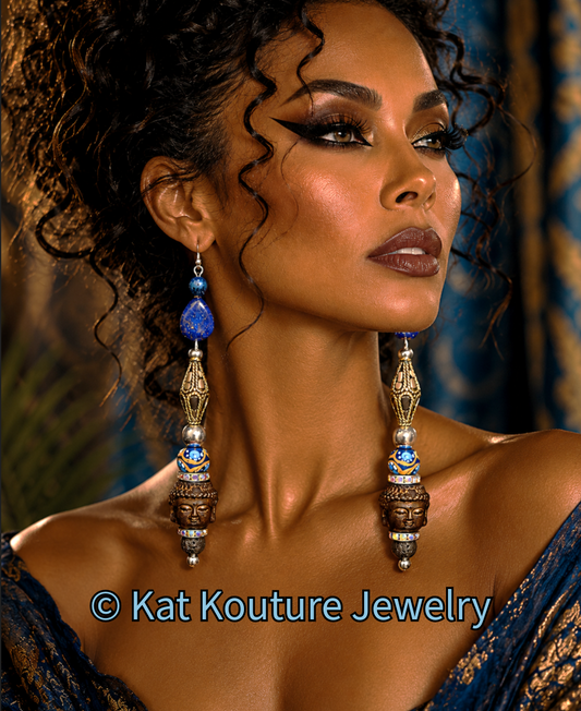 Lapis Lazuli & Agarwood Budda Tribal Shoulder Duster Pierced Earrings
