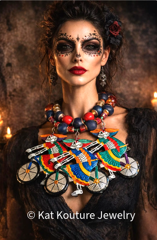 Mexican Folk Art Day of the Dead Chest Piece - Tribal Artisan Necklace
