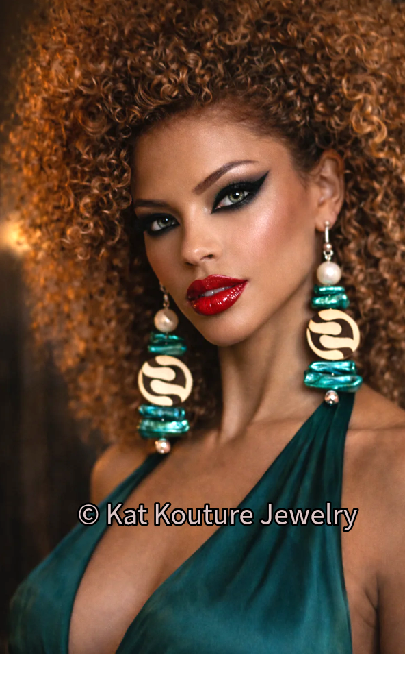 Green Freshwater Pearl & African Batik Bone Dangle Statement Earrings