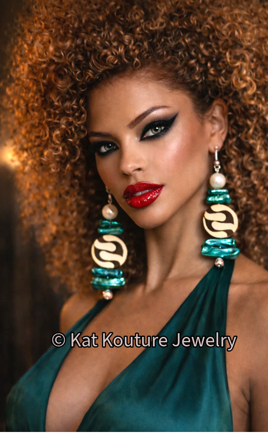 Green Freshwater Pearl & African Batik Bone Dangle Statement Earrings