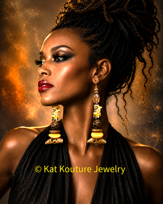 African Tribal Lost Wax Brass & Gecko Lizard Pierced Statement Earrings