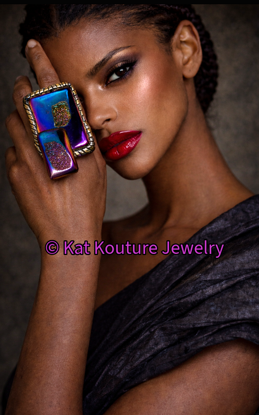 Unisex Blue & Purple Titanium Druzy Sculpted Hand Ring - Flashy