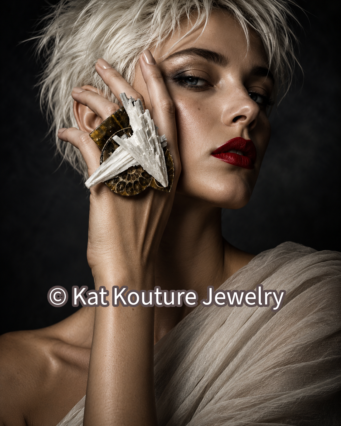 Scolecite, Ammonite & Tigers Eye Adjustable Statement Ring - Earthy