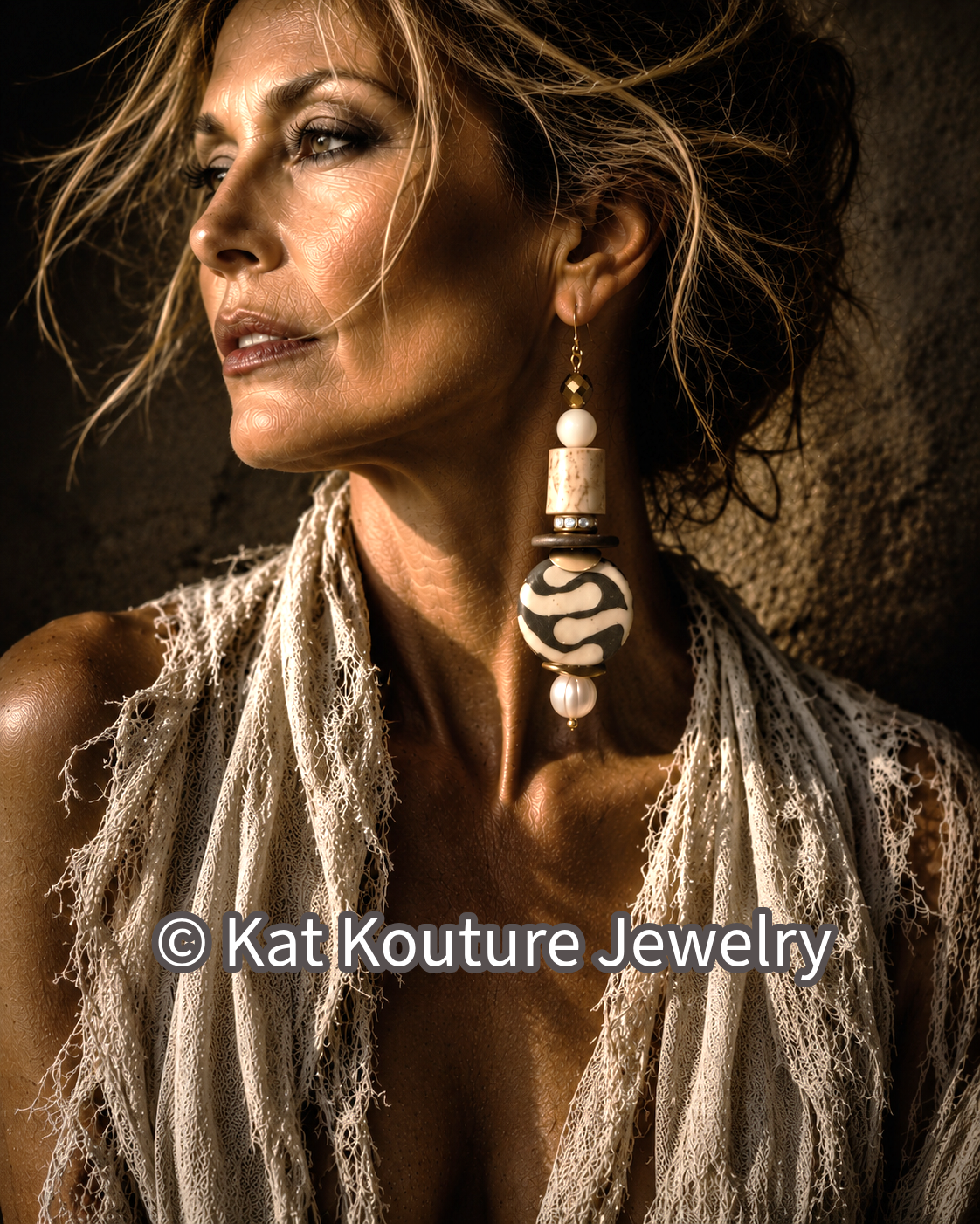 Exotic Earth Tone Pierced Statement Earrings - Sculpted Antler Crystal