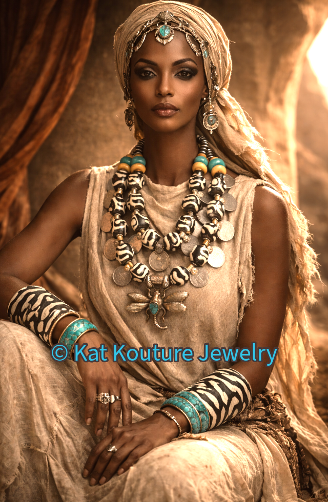 Exotic High-End Zebu Bone Tribal Statement Necklace With Kuchi Coins