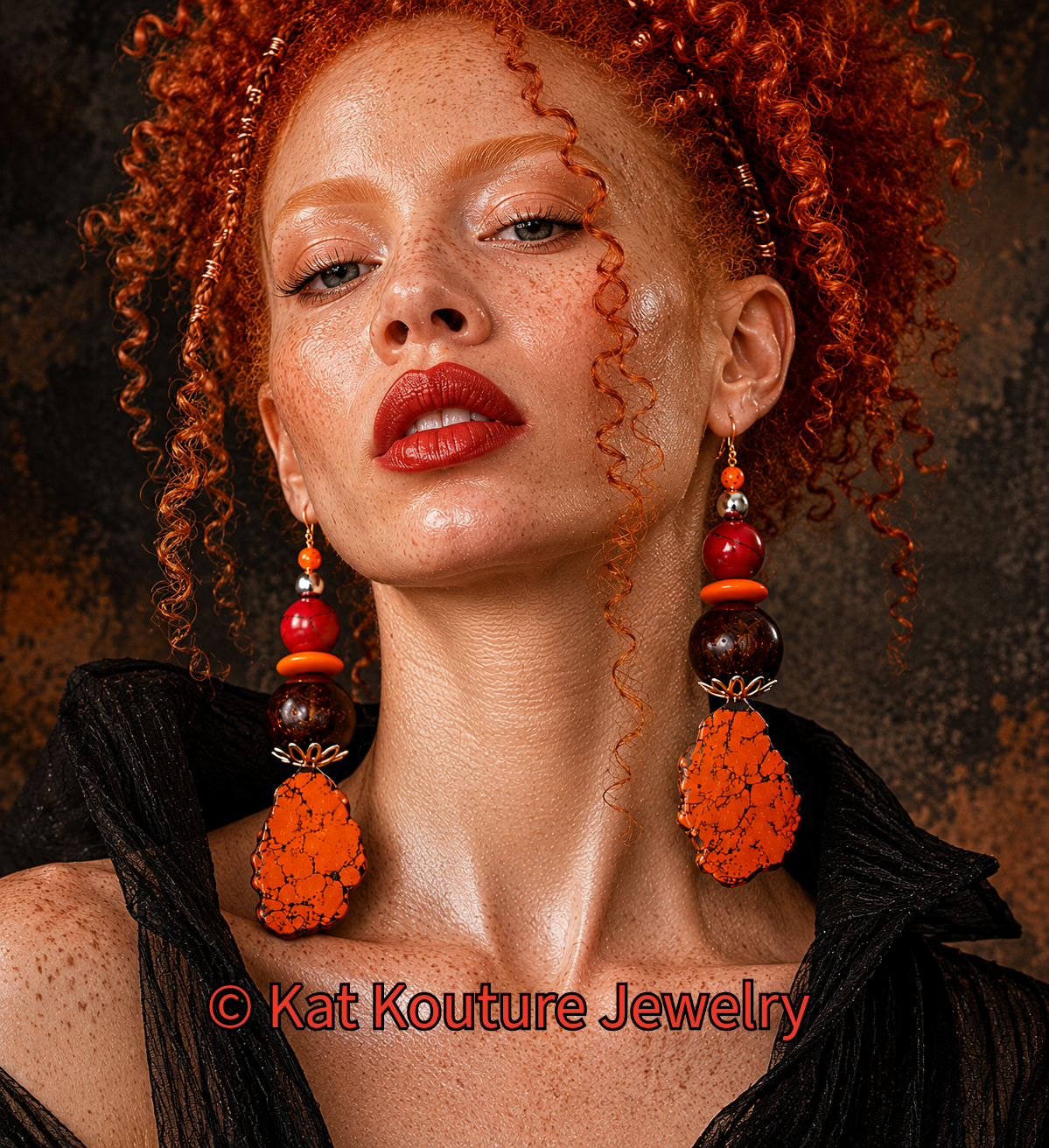 Orange Sea Sediment Slab Shoulder Duster Pierced Earrings - Autumn