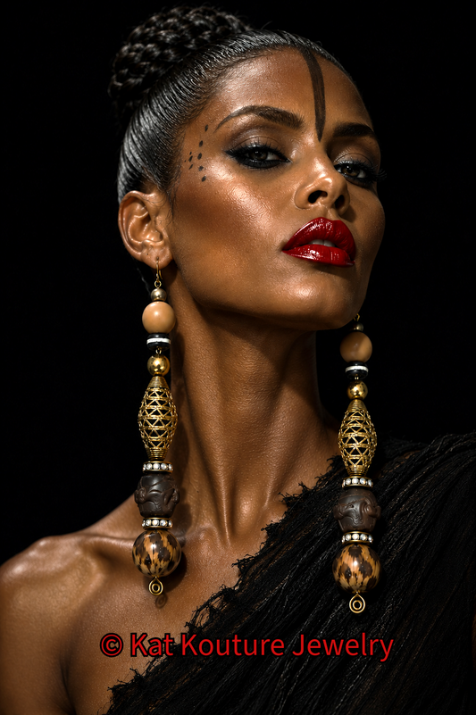 Earth Tone Beaded Shoulder Duster Pierced Earrings - Leopard & Brass