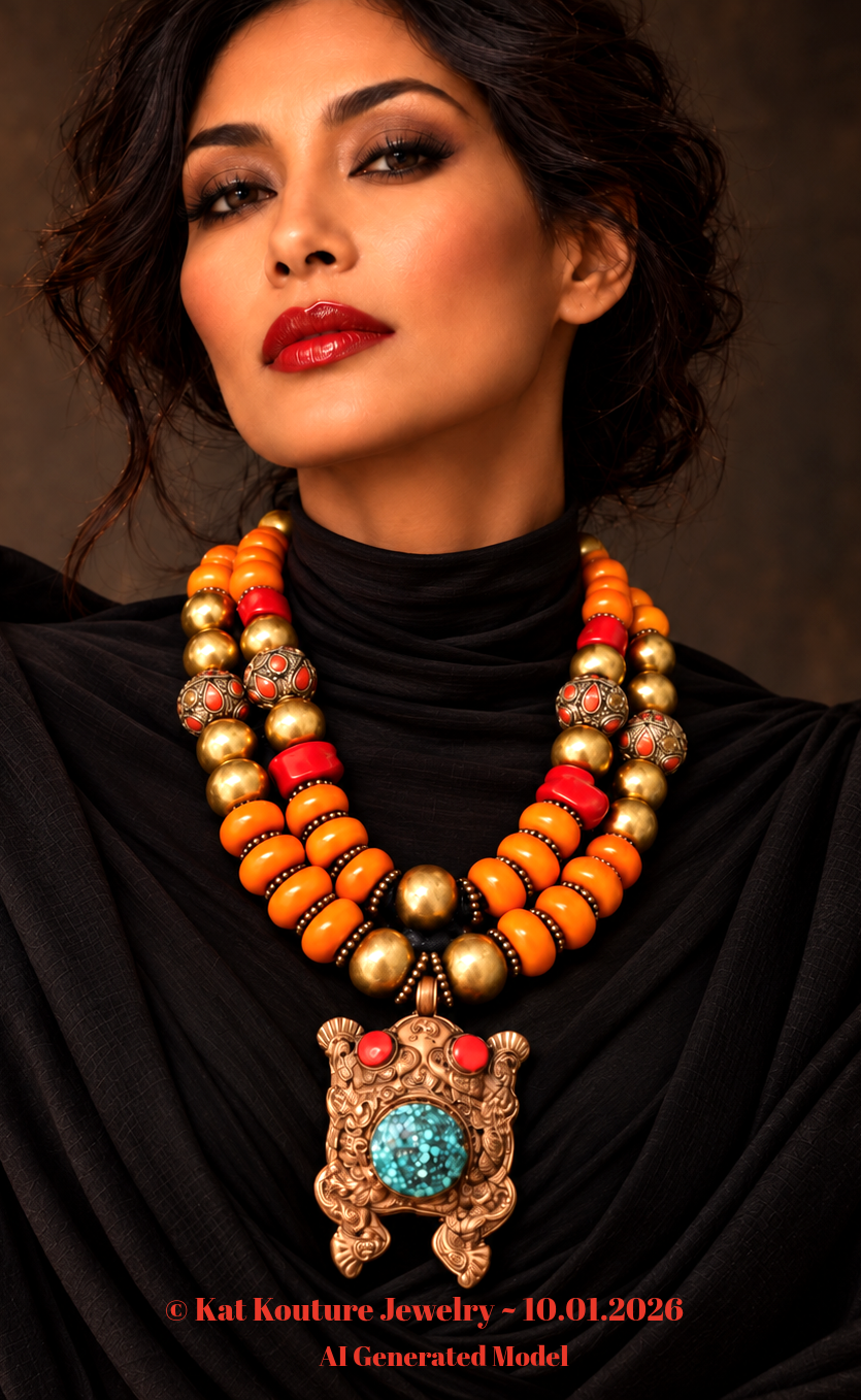 Exotic Tribal Beaded Autumn Necklace - Frog Pendant