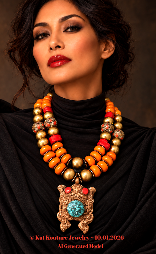 Exotic Tribal Beaded Autumn Necklace - Frog Pendant