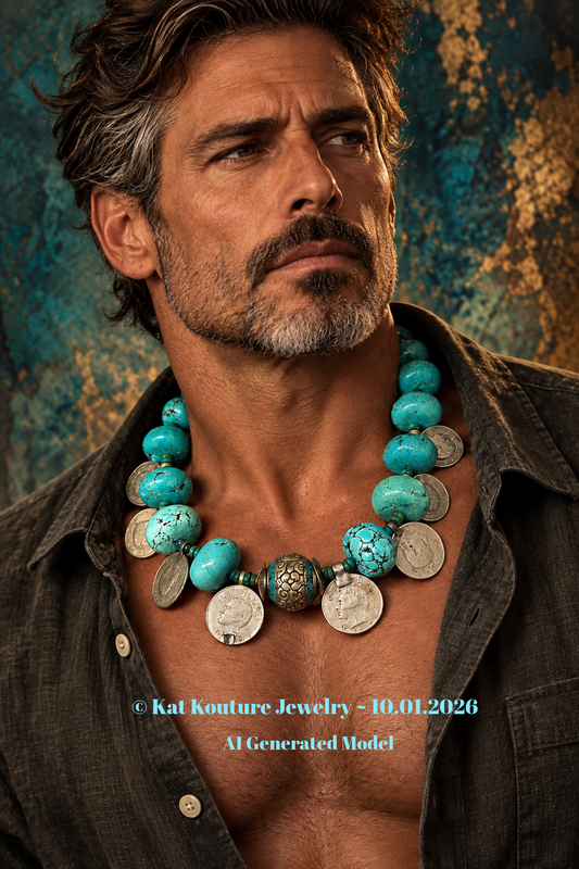 XL Blue Magnesite Rondelle Beaded Necklace With Vintage Kuchi Coins