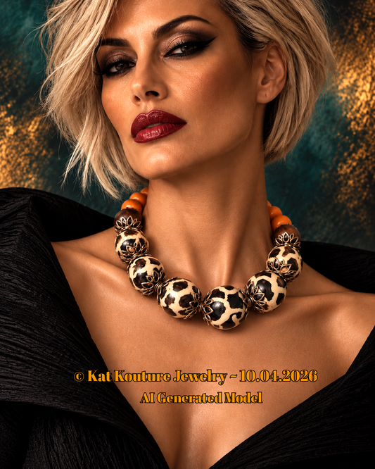 Exotic Giraffe Print Zebu Bone Oversized Beaded Statement Necklace