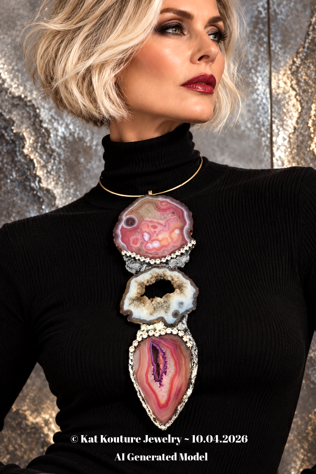 Red, Pink & Black Druzy Agate Gemstone Totem Pendant - Androgynous