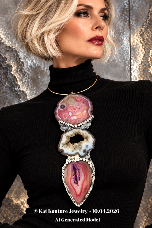 Red, Pink & Black Druzy Agate Gemstone Totem Pendant - Androgynous