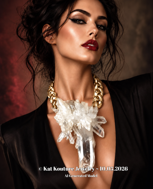 High End Gemmy Quartz Statement Necklace with a Gold Tone Vintage Chain