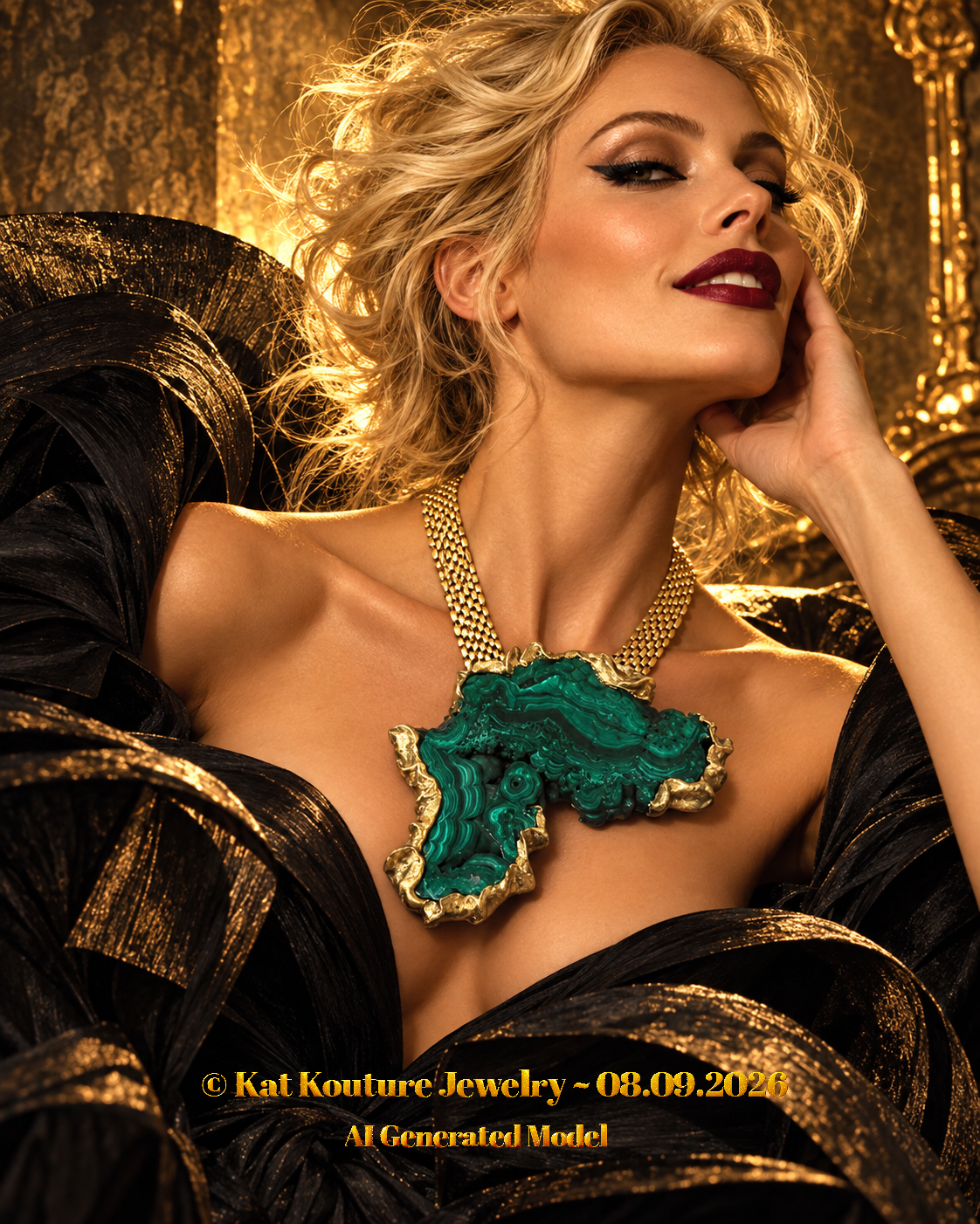 Polished Malachite Sculpted Faux Gold Statement Pendant - Bold Chain