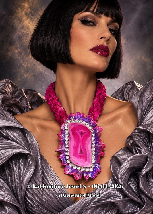 Hot Pink Druzy Agate Sculpted Rhinestone Pendant - Sari Silk Necklace