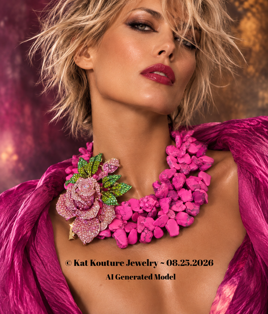 Hot Pink Magnesite Slab Statement Necklace - Detachable Rhinestone Rose Brooch